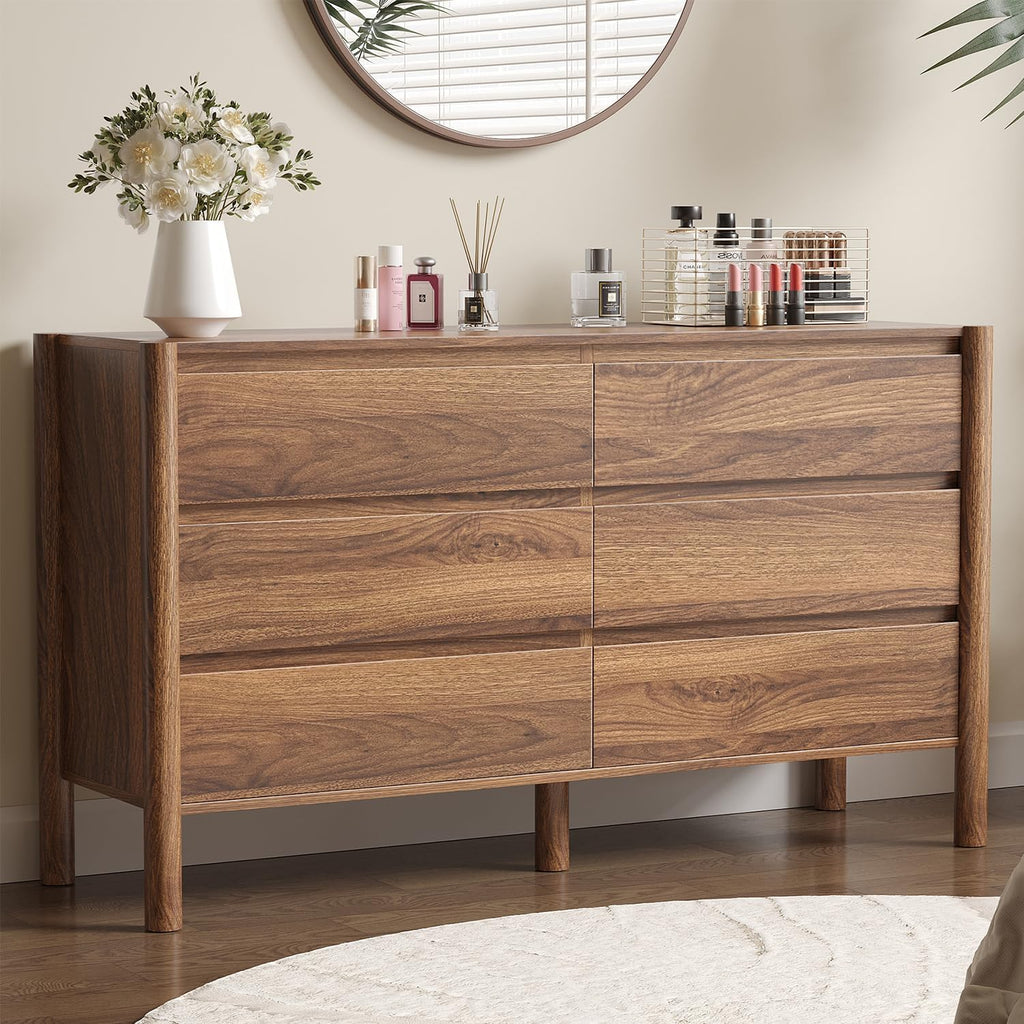 Walnut 6 Drawers Dresser , 47.2" Wide Mid Century Modern Chest of Drawers with 4 Solid Wood Cylindrical Legs and