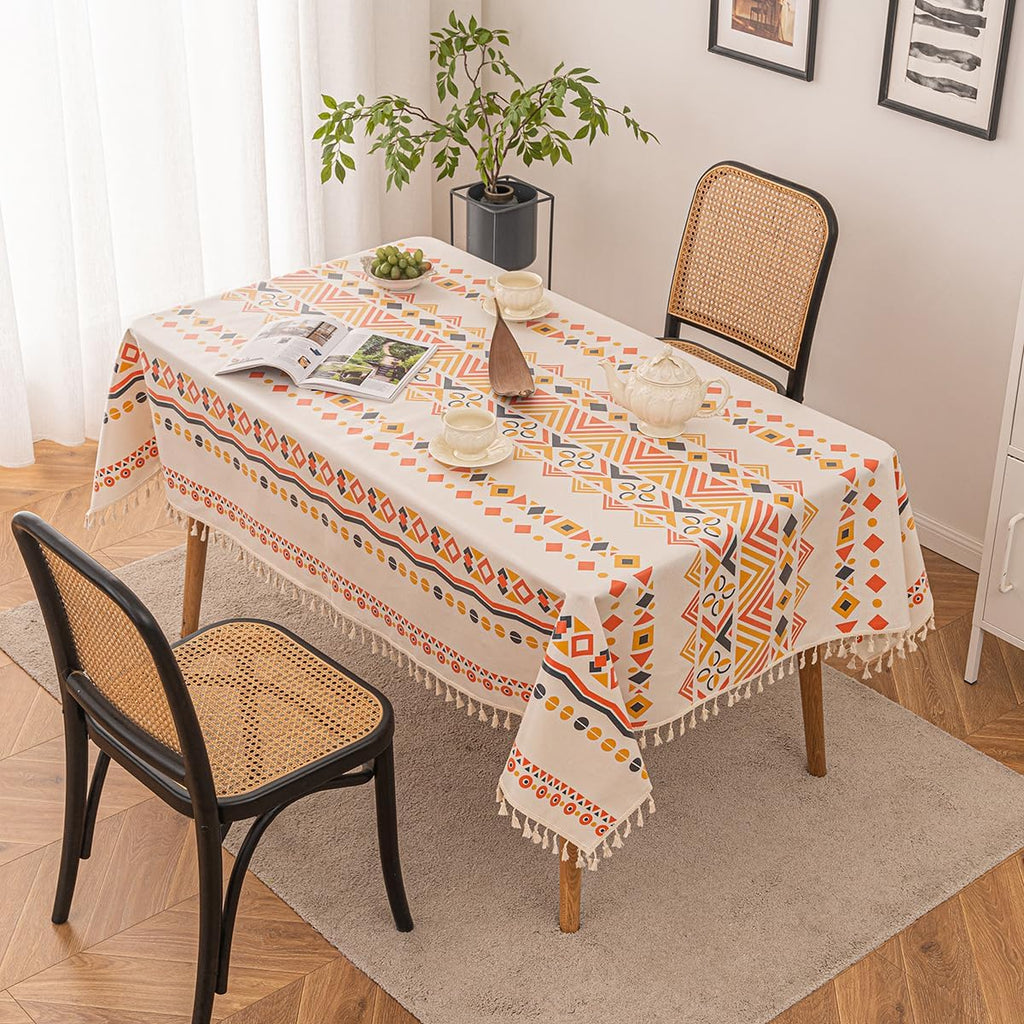 Waterproof Bohemian Tablecloth, 6-8 Foot Rectangle Fabric Orange Colorful Table Cloth with Soft Cott