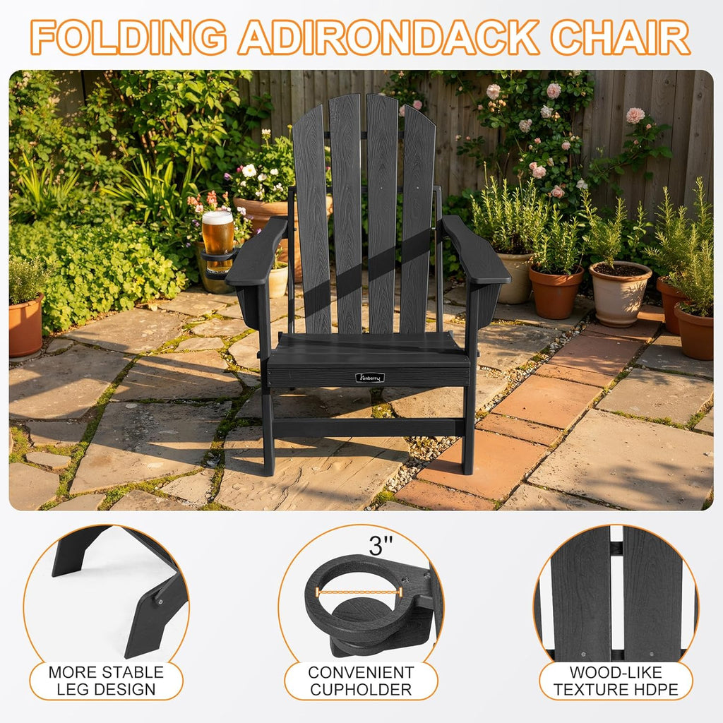 Folding Adirondack Chairs Set of 4, Fire Pit Chairs with Cupholder | Wood-Grain, Stable Gun-Leg, HDPE All Weather, No