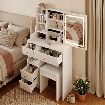 Vanity Desk with Lighted Mirror, 29.2" Makeup Vanity Table with Storage Drawers and Cushioned Stool, Compact Dressing