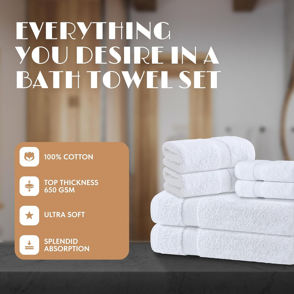 Bath Towel Set of 6 - 100% Cotton Highly Absorbent Towels , 2 Luxury Bath Towels 650GSM, 2 Hand Towels, 2 Washcloths