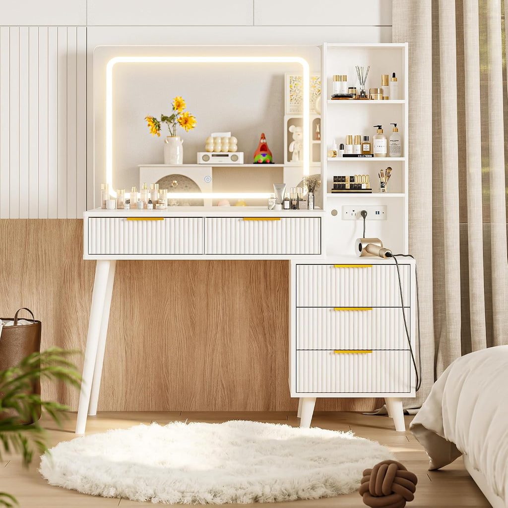 Vanity Desk with Mirror and Lights, Makeup Vanity Desk with Power Outlet, Makeup Desk with 5 Drawers&Storage Shelves