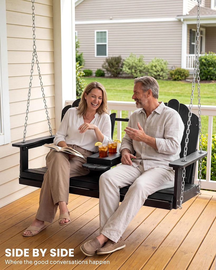 3 Seat Porch Swing with Tray, HDPE Wood Gra Swing, Black | Fits a family or three adults; fold-down center console