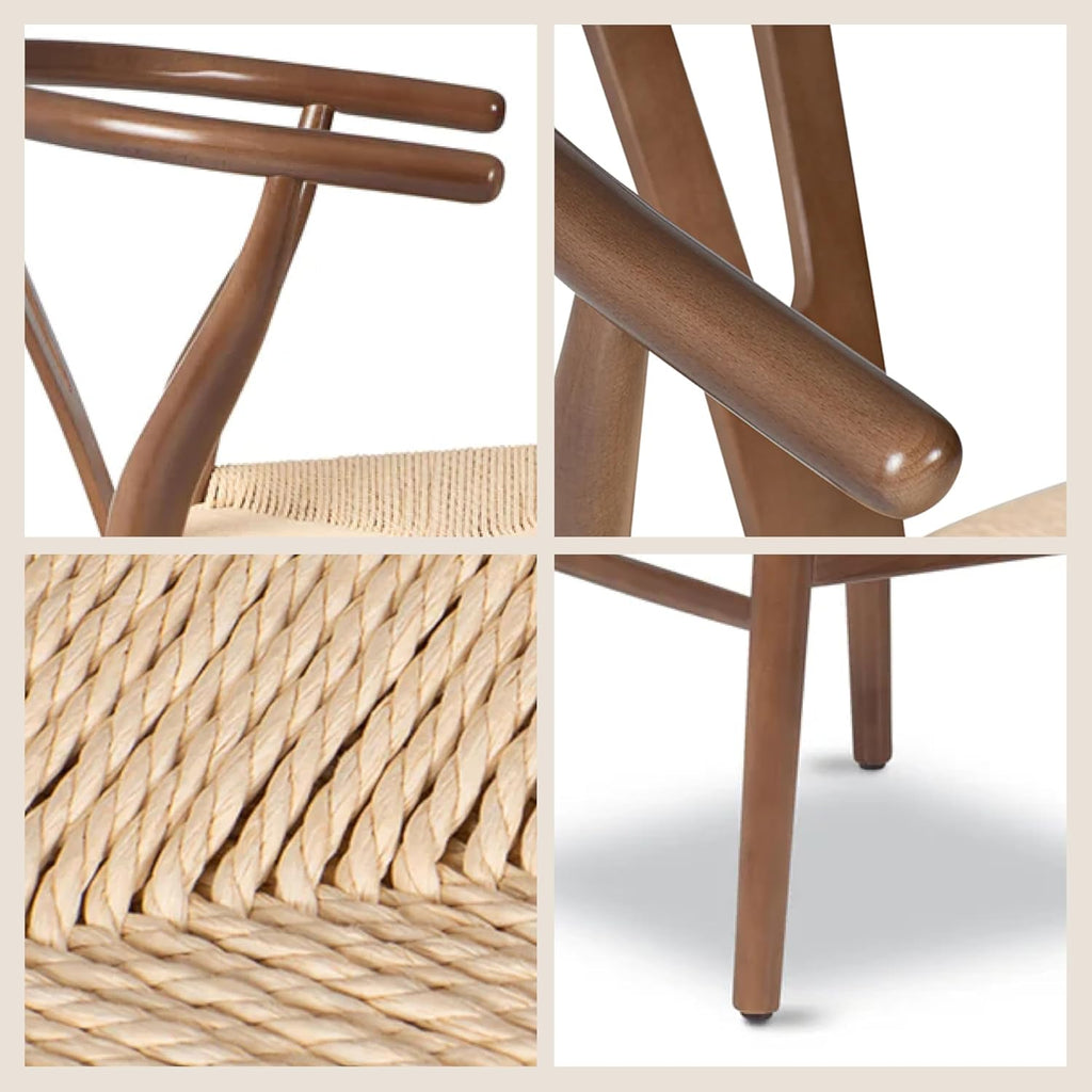 Weave Dining Chairs - Mid-Century Modern Wishbone Dining Chairs with Arms, Solid Wood Frame, Indoor Use - Walnut- Set