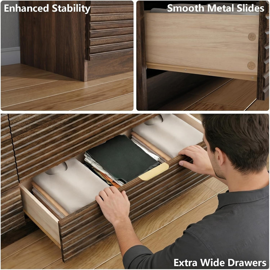 55'' Wide Fluted 6 Drawers Dresser with 2 Cubbies, LED Dressers & Chests of Drawers with Power Outlet, Fluted Dresser