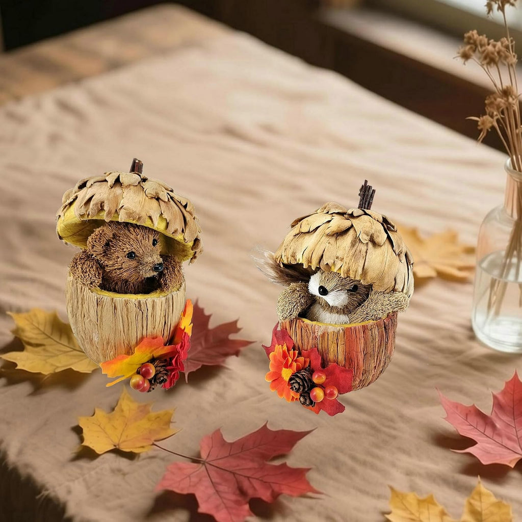 6.5 Inches Acorn Decor of Sisal Bear Squirrel Figurine for Fall - Set of 2