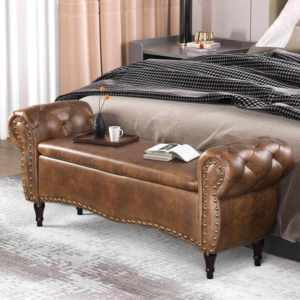 Storage Ottoman Bench, 51" Length Upholstered End of Bed Storage Bench with Safety Hinge, Tufted Bed Benches with