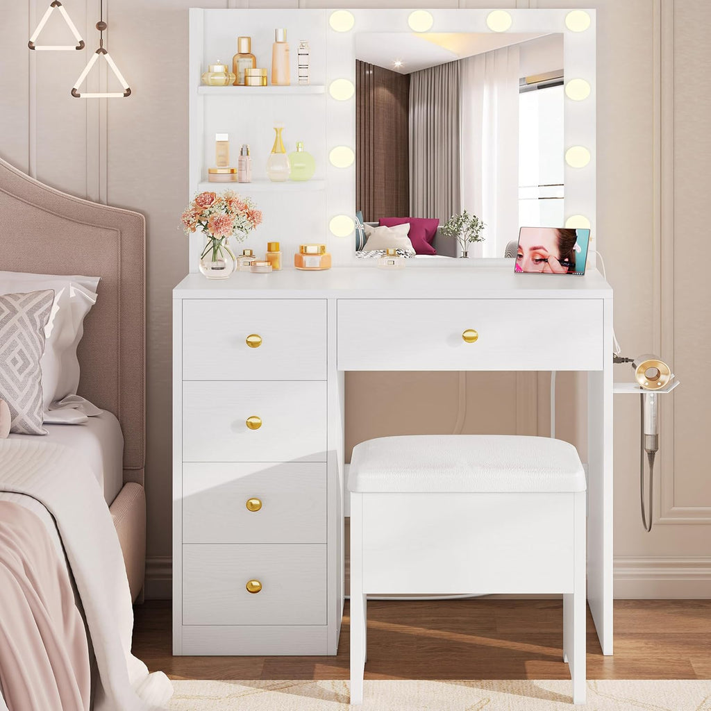 Vanity Desk with Mirror and Lights, White | Small Makeup Vanity Table, 5 Drawers, Power Outlet, Vanity Stool