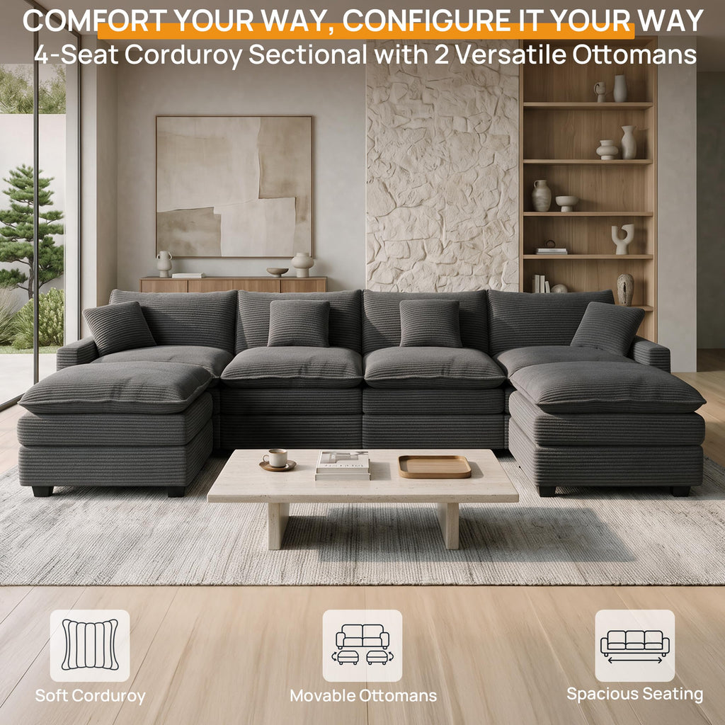 140" Modular Sectional Sofa, U Shaped Deep Seat Cloud Couch