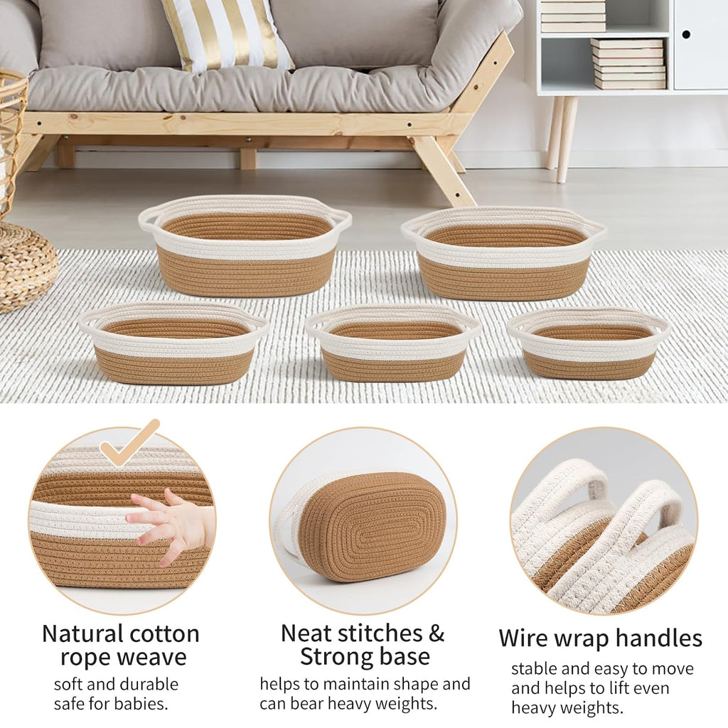 Set of 5 Woven Rope Baskets for Storage, Organizing, Nursery, Shelves - Small Baskets for Gifts Empty (Off White &
