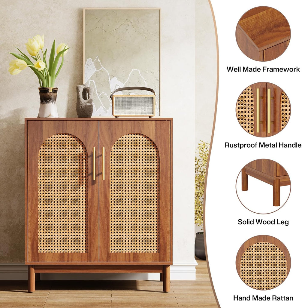 Set of 2 Rattan Sideboard Buffet with Storage, 59 Inch Accent Cabinet with Doors, Storage Cabinet , Caramel Brown