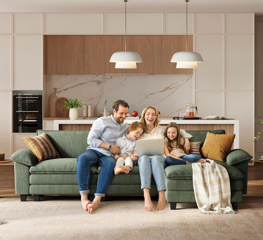 HOME 123'' Modular Sectional Sofa Green Couch Corduroy Cloud Couches for Living Room