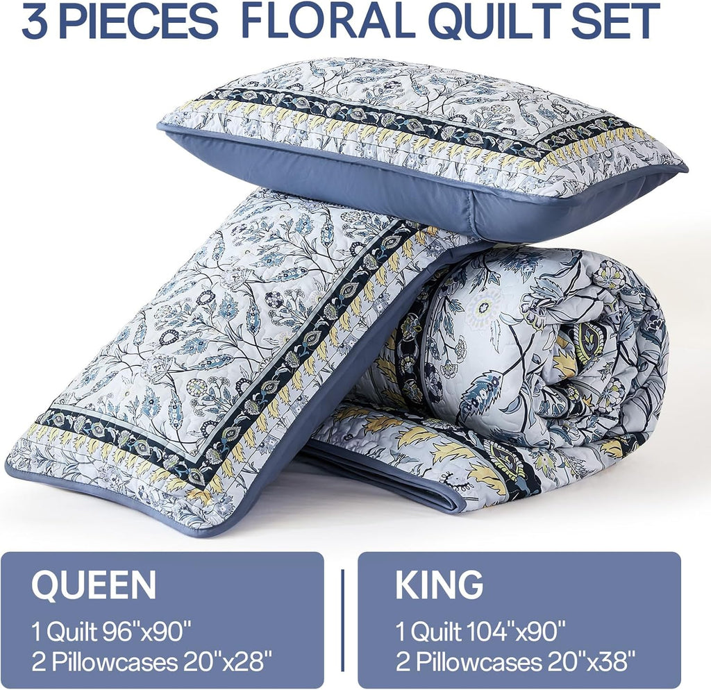 Quilt Sets, Navy Blue Floral Quilt Set 3 Pieces Boho Bedspread Coverlet Set with 2 Pillowcases Soft