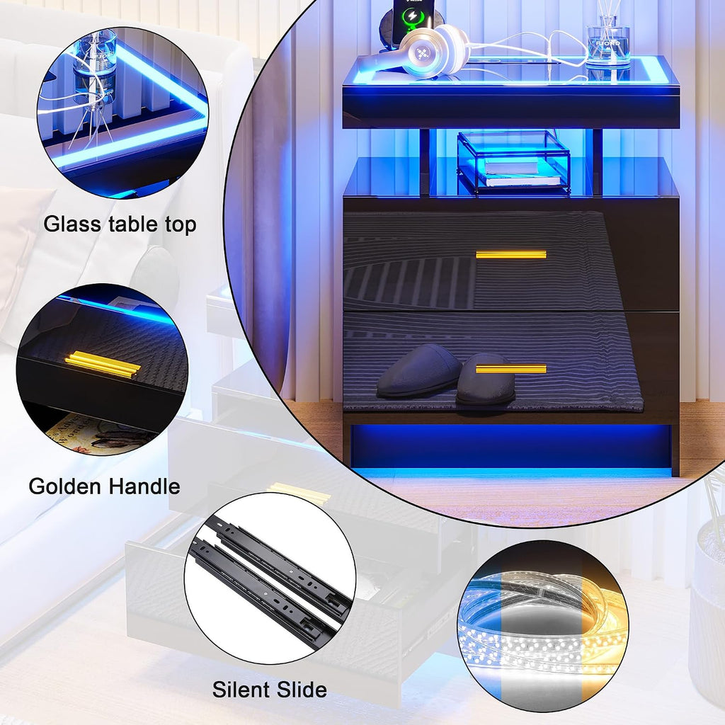 LED Nightstand with Charging Station (USB,Type-C Ports) High Gloss Bedside Table with 2 Drawers, Smart Night Stand