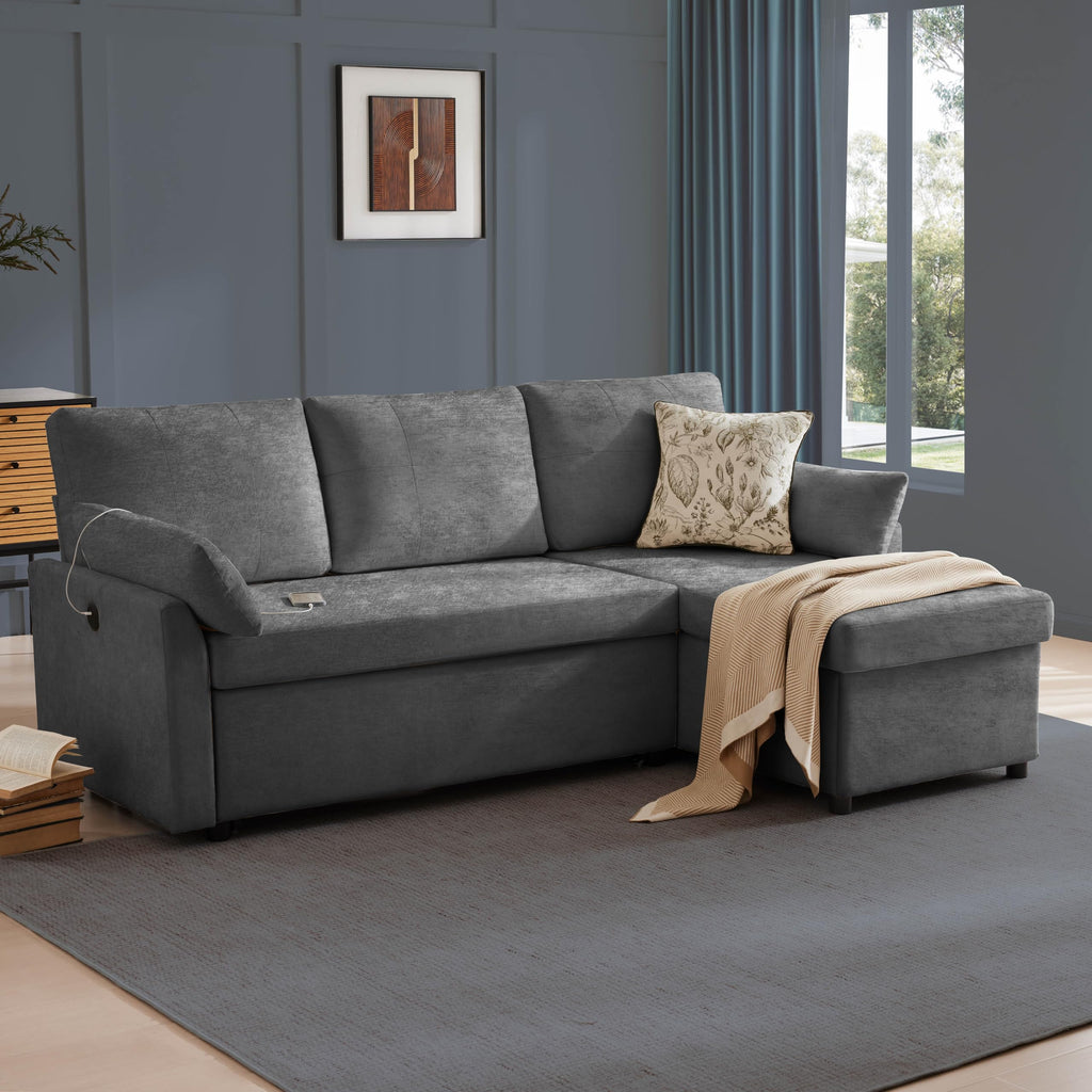 85" L Shaped Sectional Sofa Couch, Pull Out Couch Sleeper Sofa Bed, Soft Chenille Deep Seat Sofa, Reversible Chaise