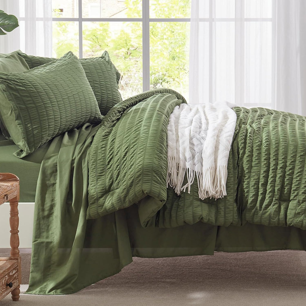 King Comforter Set 7 Piece, Olive Green Bed in a Bag King Bedding Sets