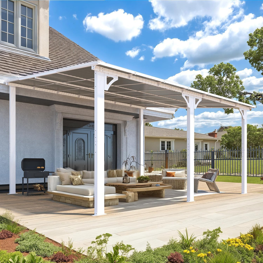 14' x 12' Hard Top Lean-to Gazebo - Aluminum Wall-Mounted Pergola with Waterproof Roof, White