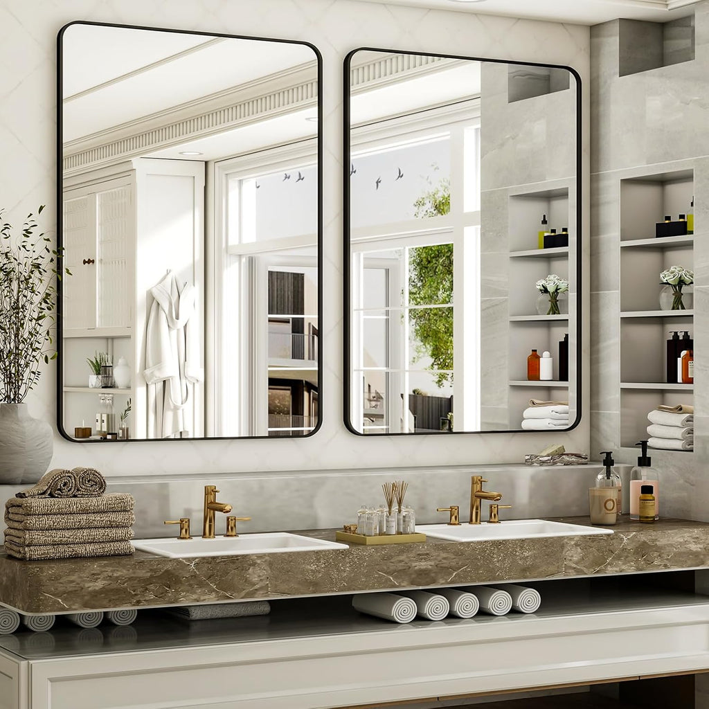 30 x 48 Inch Bathroom Mirror, Rounded Rectangular Vanity Mirror for Wall, Modern Mirror for Room Decor, Black Framed