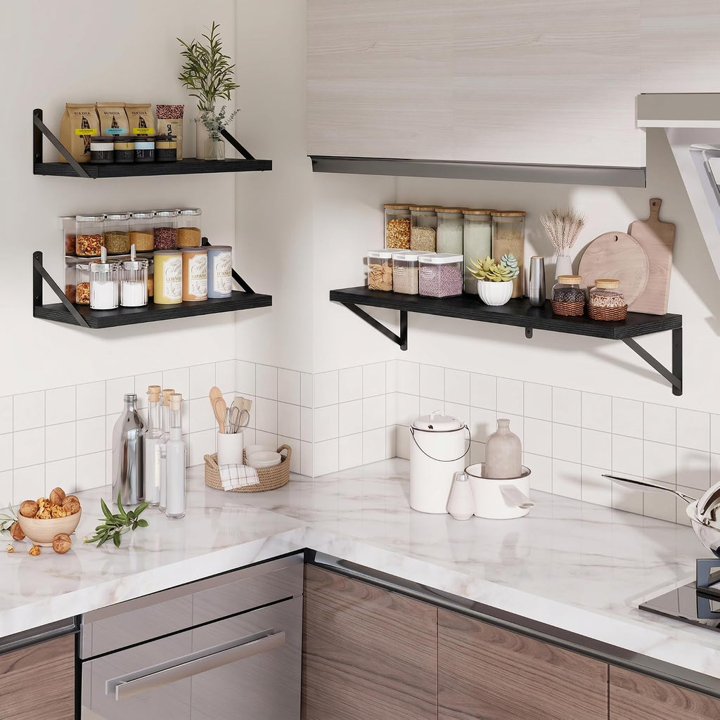 Deep Wall Shelves 24"W x 8"D Engineered Wood Floating Shelves for Wall, Sturdy Metal Bracket Bookshelves Home Decor