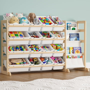 Toy Storage Organizer with Bookshelf - Wooden 12 Bins Kids Toy Organizer Rack, Solid Pine Wood, Toys Box for Toddler