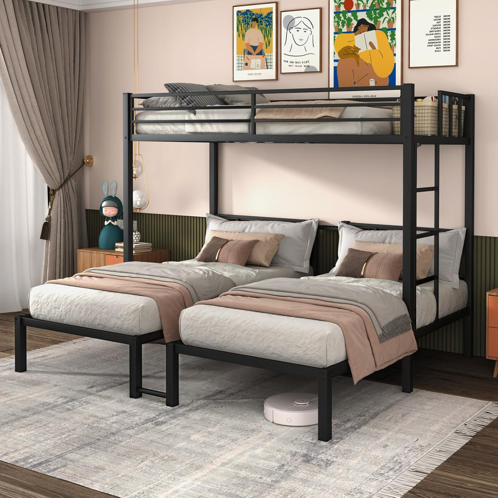 Heavy Duty Triple Bunk Bed for 3, Twin Over Twin Over Twins with Guardrails and Ladder, Metal Bunk Bed