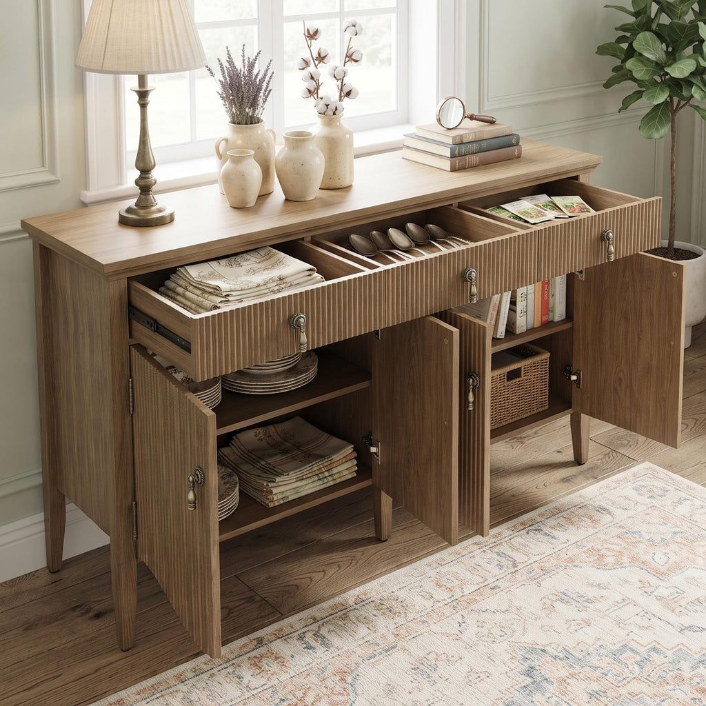 57" Fluted Sideboard Buffet, Retro Storage Cabinet, Light Oak