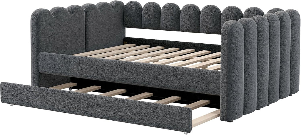 Queen Upholstered Daybed with Trundle, Upholstered Queen Daybed with Pull Out Trundle and Wood Slat Support, No Box