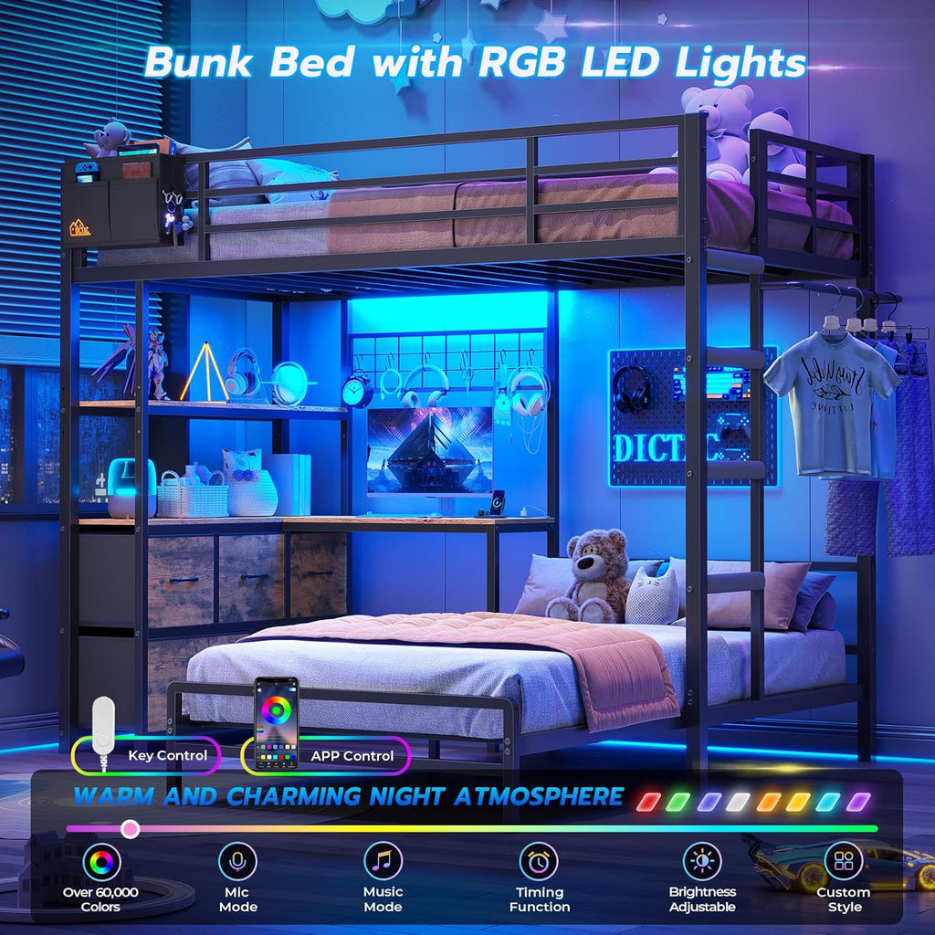 Bunk Bed with L-Shaped Desk,5 Storage Drawers and 2 Shelves Metal Twin XL Over Twin Bunk Bed with LED Lights and Charging Station,bunk Beds with Safety Guardrail & Ladder,Space-Saving,Black