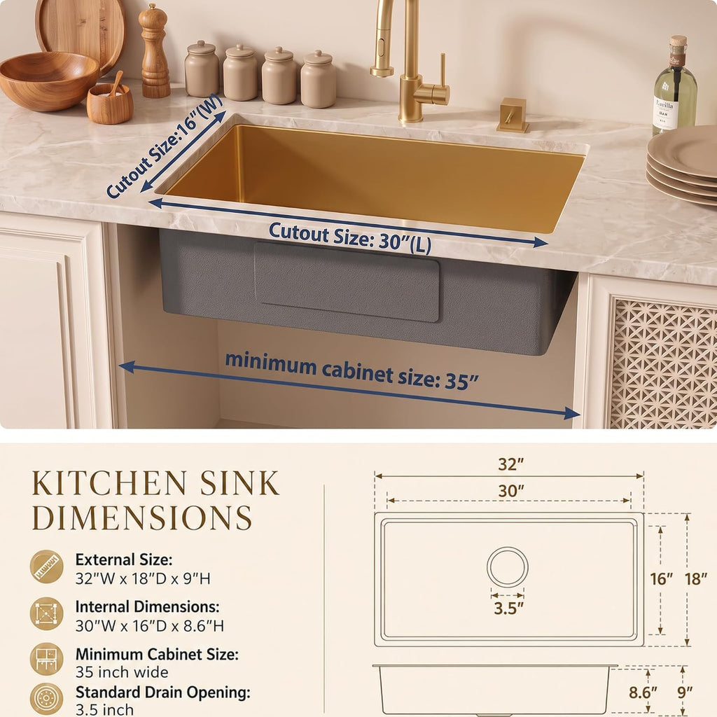 32 Inch Gold Undermount Kitchen Sink, 32" x 18" Gold Workstation Sinks, Stainless Steel Single Bowl Sink with Custom
