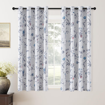 100% Navy Blue Blackout Floral Curtains 63 Inches Long 2 Panels
