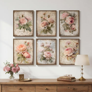 Framed Vintage Floral Wall Art, Set of 6 Boho Pink Rose Flower Canvas Painting Prints Artwork for Rustic Farmhouse