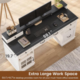 Farmhouse Executive Desk with Drawers Computer Desk with File Drawers, Power Outlet and Led Lights