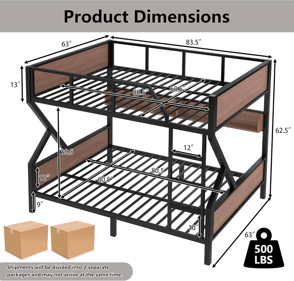 Queen over Queen Bunk Bed with Storage Shelves, Metal Bunk Beds with Ladders and LED Lights
