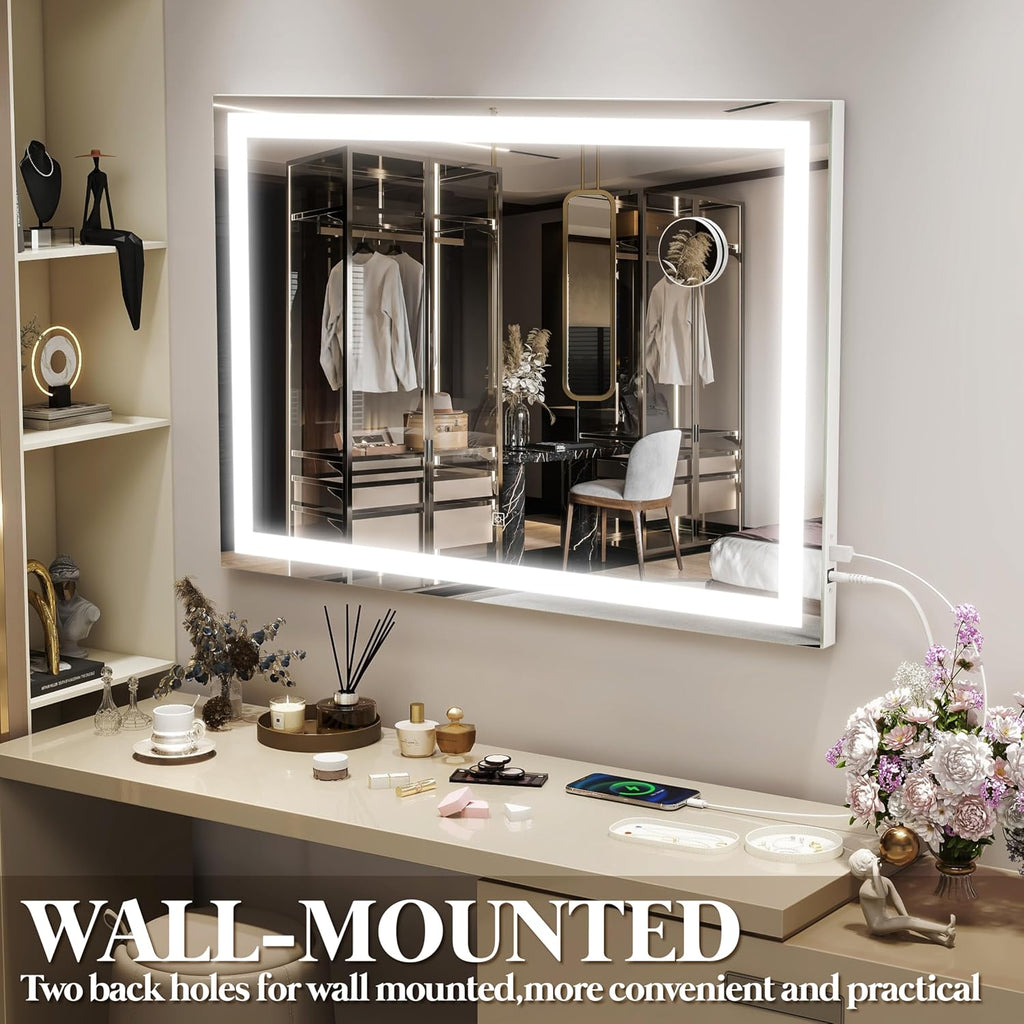 Vanity Mirror with Lights 32"x22", Lighted Makeup Mirror, Large Vanity Mirror, Touch Sensor with 3-Color Lighting, USB