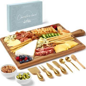 Charcuterie Board Set - Acacia Cheese Board Serving Tray with Accessories - House Warming Gifts for New Home, Bridal