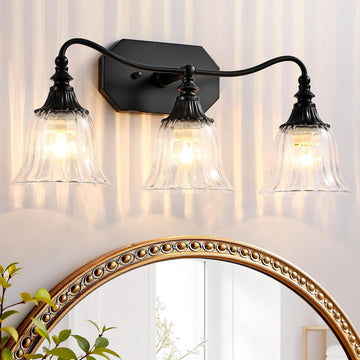 3-Light Bathroom Vanity Light, Matte Black with Crystal Glass Shade | Metal Material,Mounted Over Mirror, Easy To
