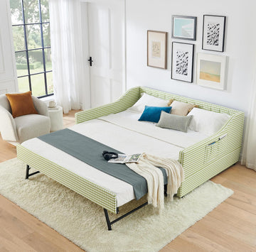 Full to King Daybed with Trundle, 3‐in‐1 Upholstered Full Size Daybed with Button Tufted Backrest, Extendable