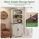 70 Inches Farmhouse Bookcase Bookshelf, Two-Tone Shelves, 5 Tier Bookshelf with Door Storage Arched Trim