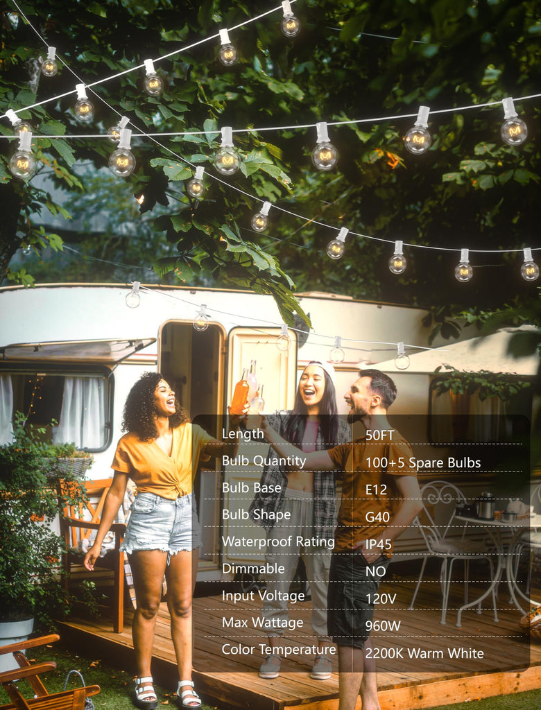 100Ft Patio String Lights, G40 Outdoor String Lights with 105 Clear Globe Edison Bulbs(5 Spare), 5 Watt Globe Bulb