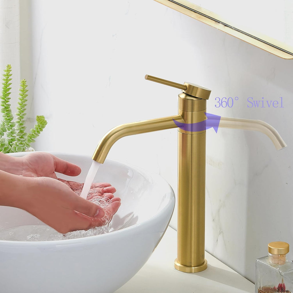 Gold Vessel Sink Faucet, 360 Swivel Brushed Gold Vessel Faucet, Single Handle Tall Body Farmhouse Vessel Faucet