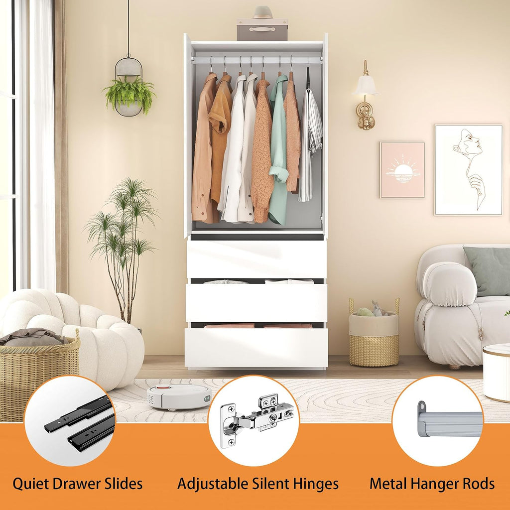Armoire Wardrobe Closet with Drawers:75" Large White Wardrobe Closet Cabinet with 2 Doors for Hanging Clothes, Modern