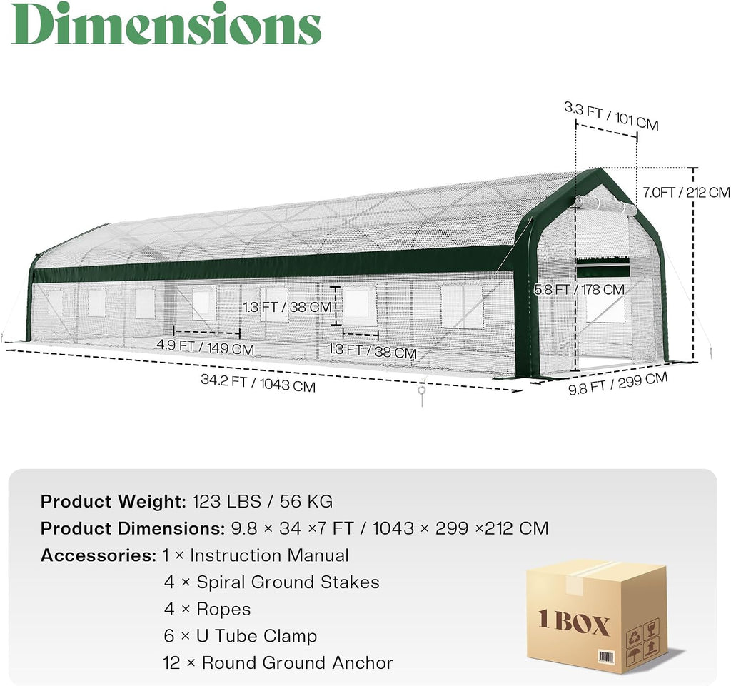 34x10x7 FT Walk-in Tunnel Greenhouse with Watering System | 2 zipper rolling doors, 14 windows and galvanized frame