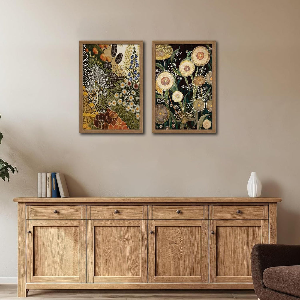 Dandelion Wall Art,(2 Pieces) Boho Botanical Floral Canvas Prints, Framed Vintage Plant Art Decor, Ready to Hang Wall