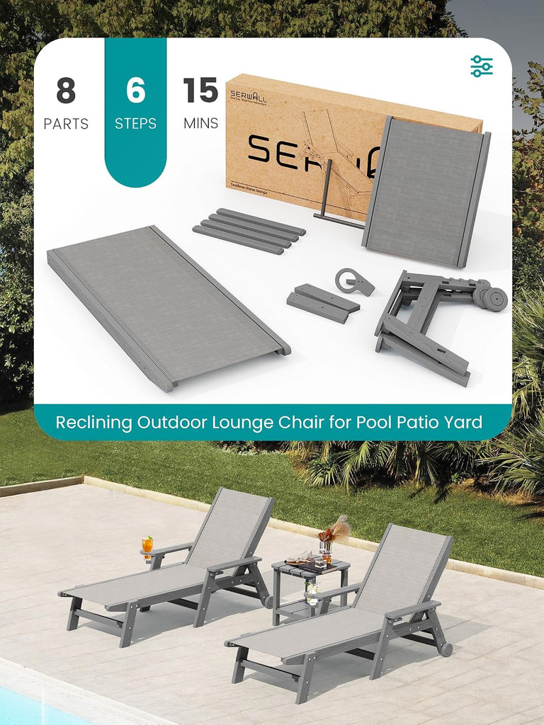 Textilene Patio Chaise Lounge Chair, HDPE Outdoor Lounger | with Rolling Wheels, Gray
