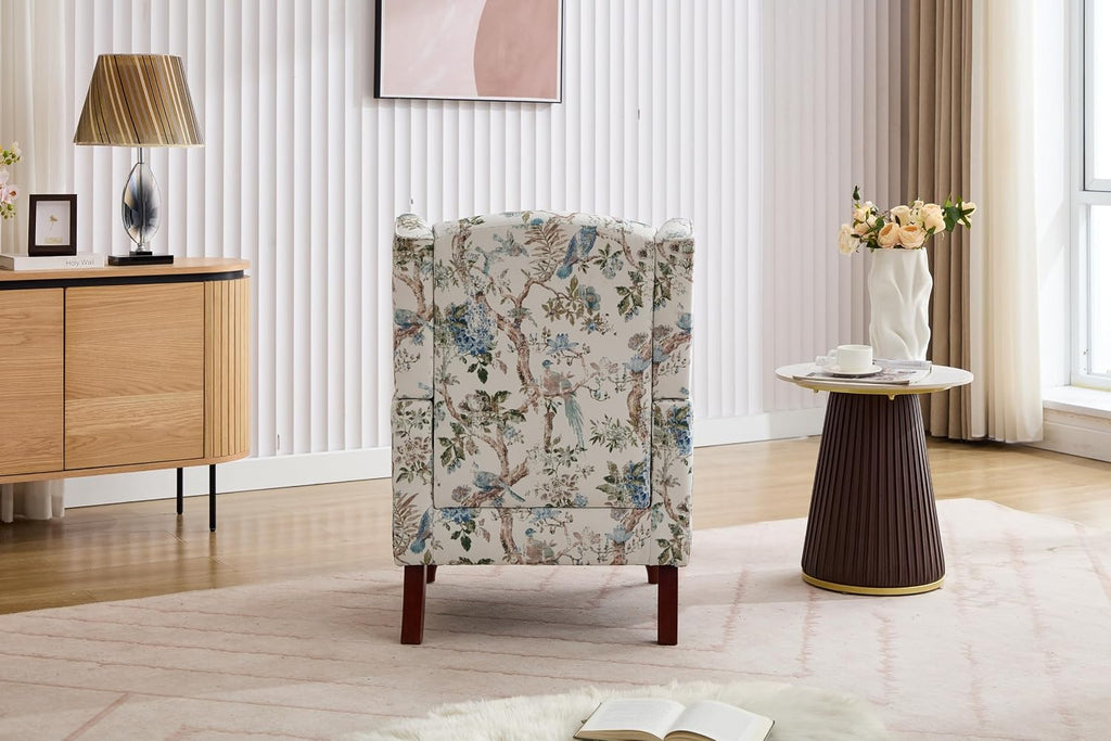 Modern Floral Accent Chair Retro Wood Legs, Linen Wingback Seat Bedroom Office, Bird Floral Single Sofa Chair with