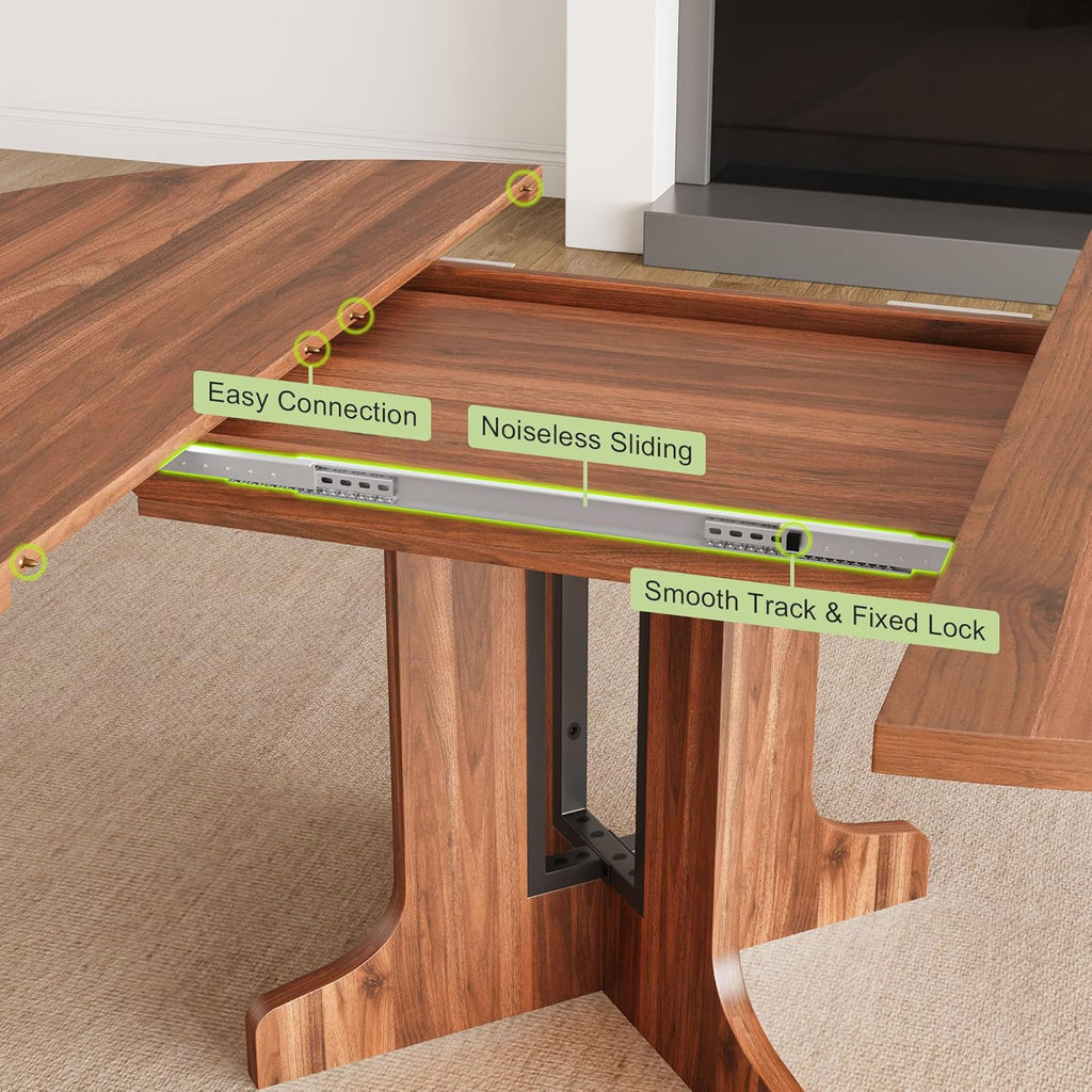 59" Round Extendable Dining Room Table for 4-6, Modern Oval Kitchen Table with Heavy Duty Wood Base, Metal Frame