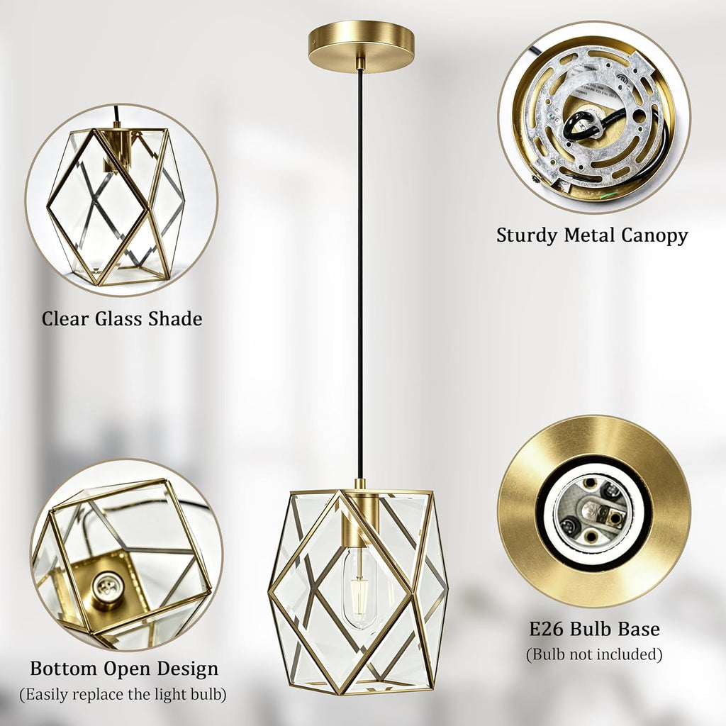 1-Light Modern Geometric Glass Pendant Light, Caged Hanging Light, Gold | Open Bottom Design, Stable Metal Frame