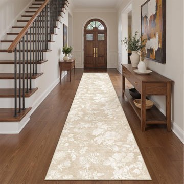 Washable Runner Rug 2x12, Neutral Floral Hallway Runner Rug Beige