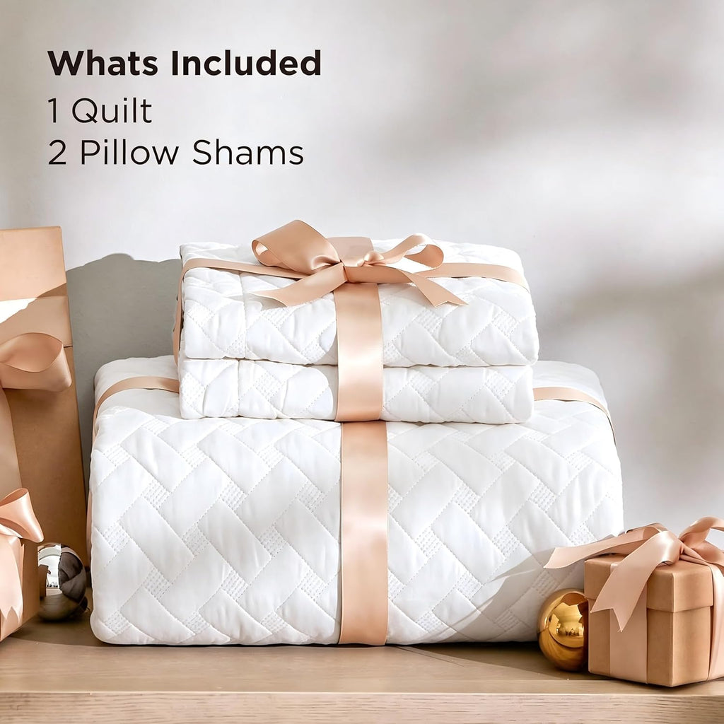 Quilts - Lightweight Bedspreads with Basket Weave Pattern, Soft Quilt Bedding Set, White Comforter Set