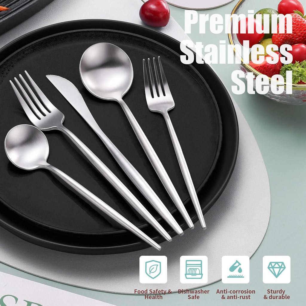 Matte Silverware Set for 6,Modern Stainless Steel Brushed Cutlery Set,30-Pieces Heavy Duty Flatware Set
